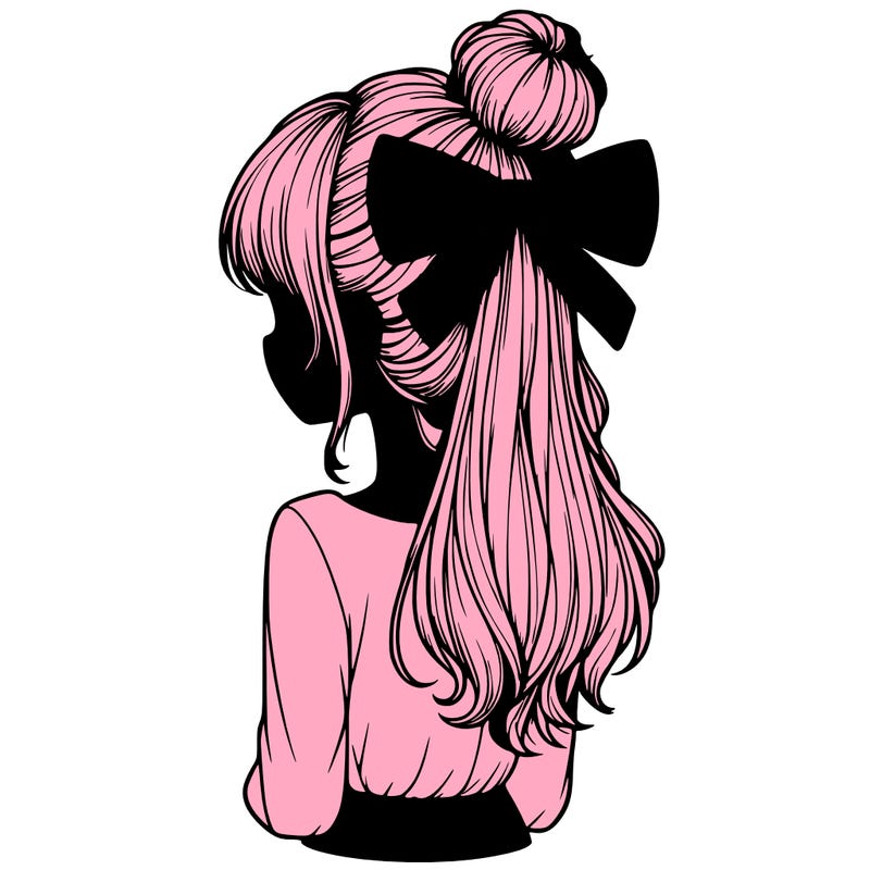 realistic girl  with hip length hair a bun and a big bow on the back of head