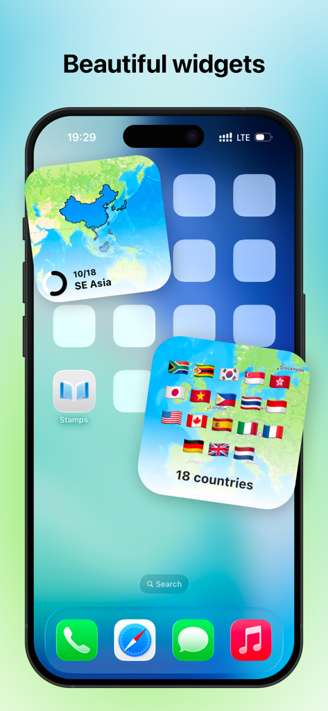 iOS home screen featuring two travel tracker widgets showing a map of Southeast Asia and a collection of flags from 18 visited countries