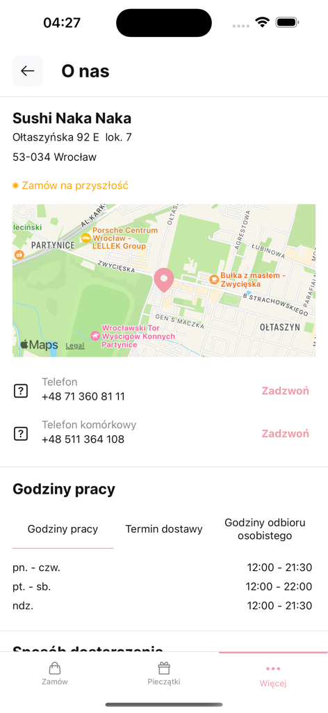 Sushi Naka Naka - Sushi Naka Naka app screen displaying the restaurant location map and opening hours