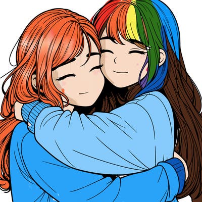 realistic two girls hugging