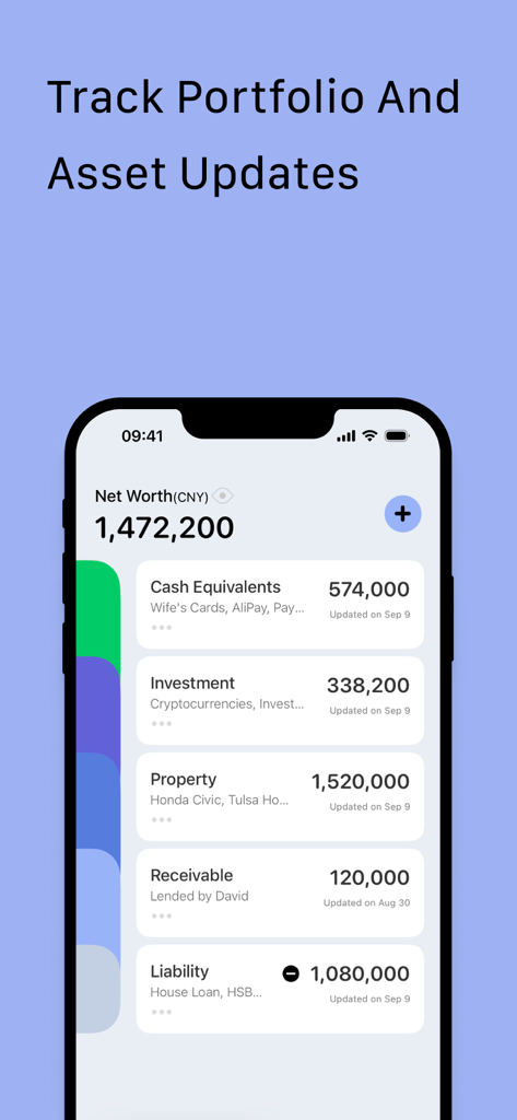 Percentoアプリのダッシュボード。投資や不動産などの資産カテゴリ別の純資産内訳を表示。