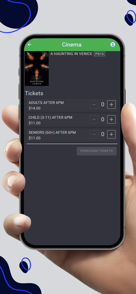 Emerald Moviesアプリのチケット選択と料金表示画面