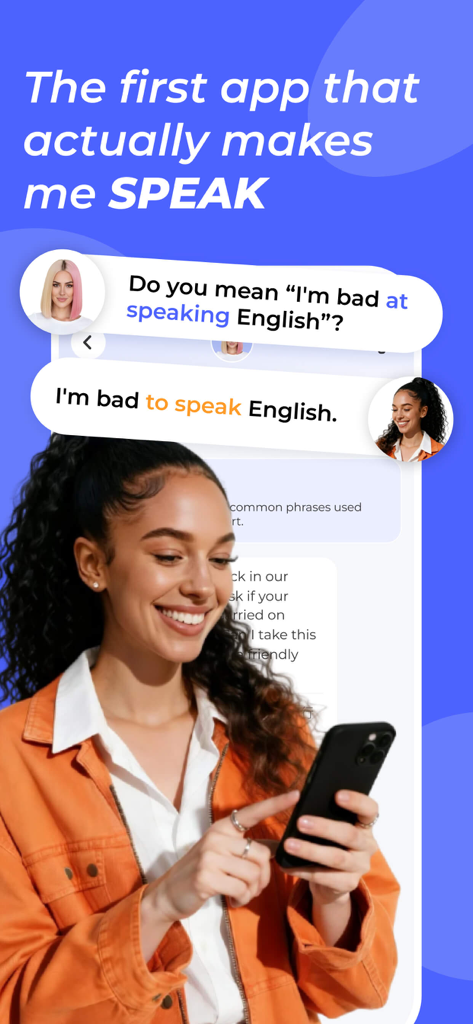 A young professional woman using Speakup AI on her phone to receive real time English speaking grammar corrections