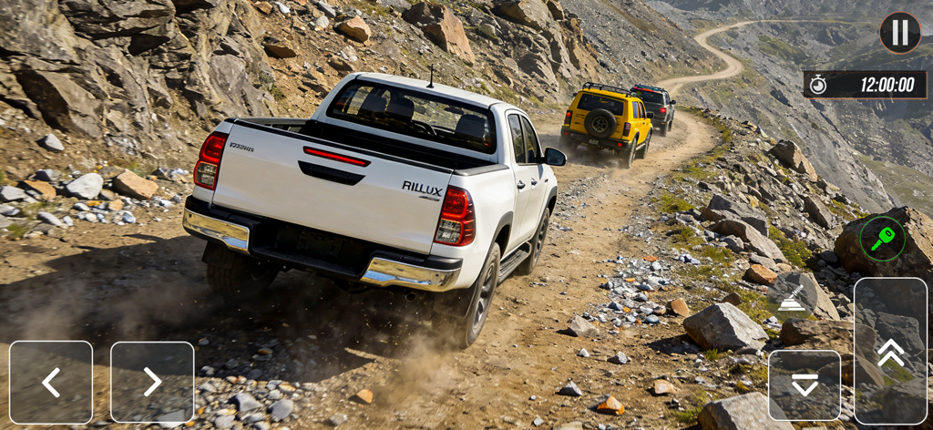 Crazy Jeep Drive Offroad Games - Camioneta pickup 4x4 blanca conduciendo por un sendero rocoso de montaña