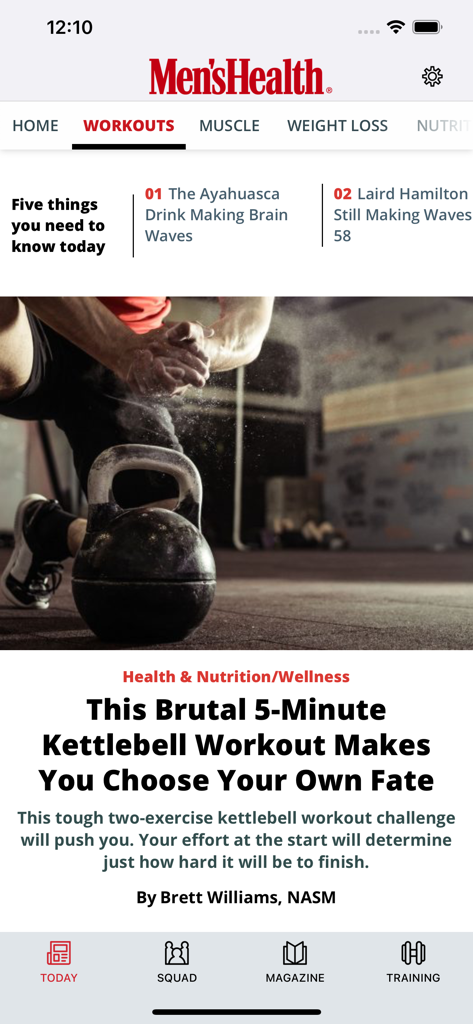 Men's Health UK - ワークアウトセクションの5分ケトルベルワークアウト記事を特集したMen's Health UKアプリのスクリーンショット