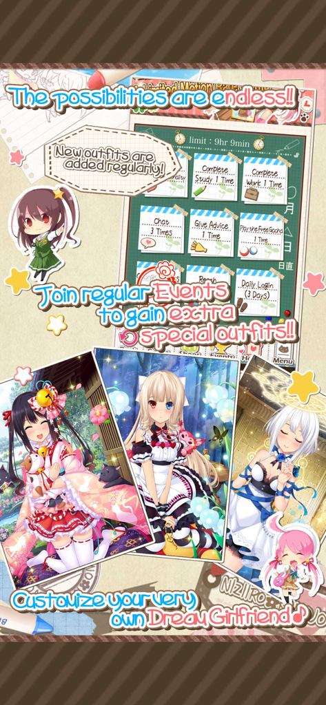 Dream Girlfriend - Dream Girlfriend app screen showing various anime character outfits and daily events menu