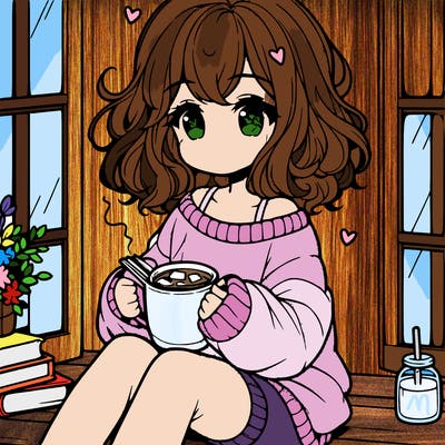 cute anime girl reading book and drinking hot chocolate from mug with loose wavy hair wearing a baggy sweatshirt and shorts sitting by windowsill looking out