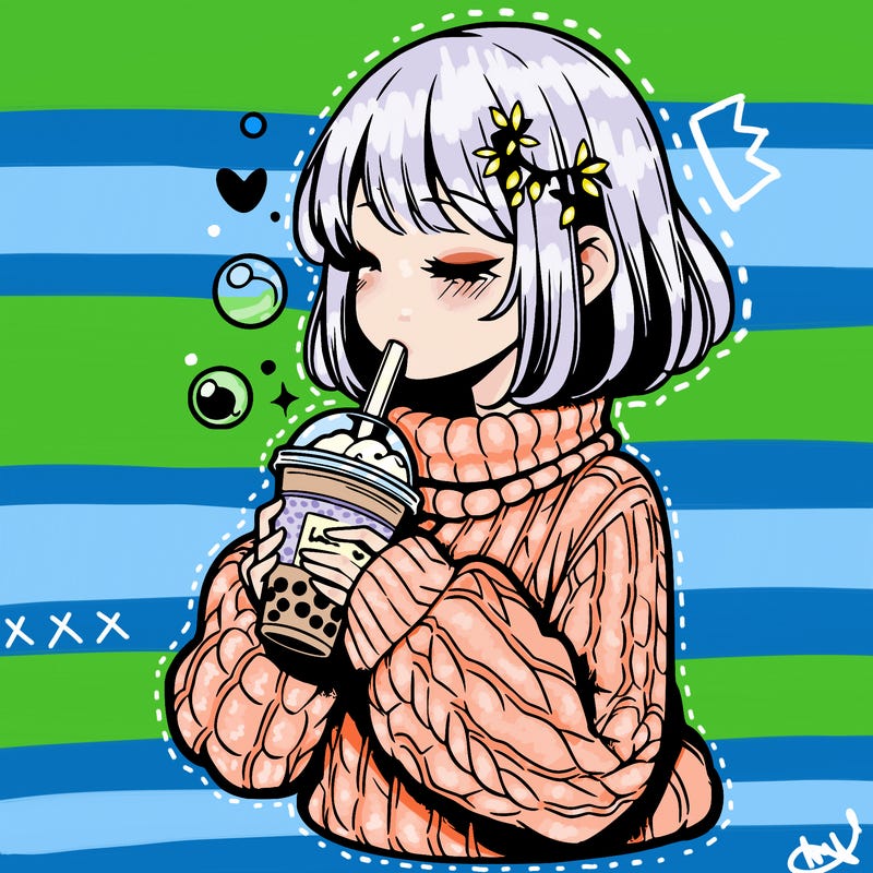 manga girl drinking boba in cozy sweater