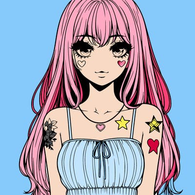 realistic anime girl with long hair star heart tattoos with a simple fabric dress with full lips