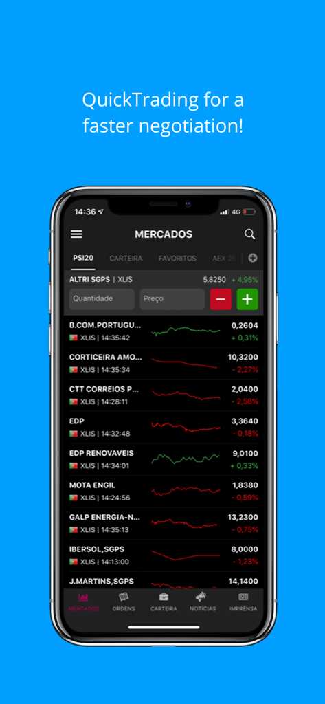 ActivoTrader app screen showing real-time Portuguese stock market quotes and quick trading interface