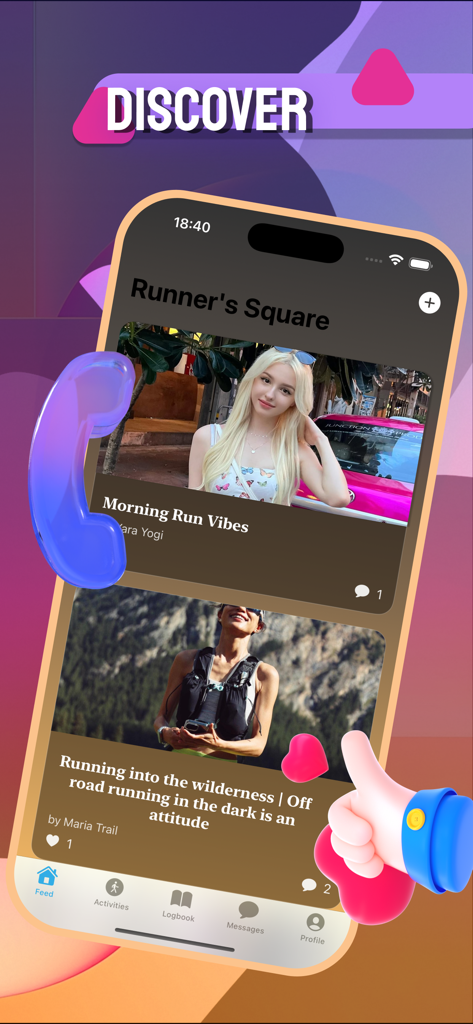 Miniy app interface showing the Runner Square social feed with posts from the fitness community