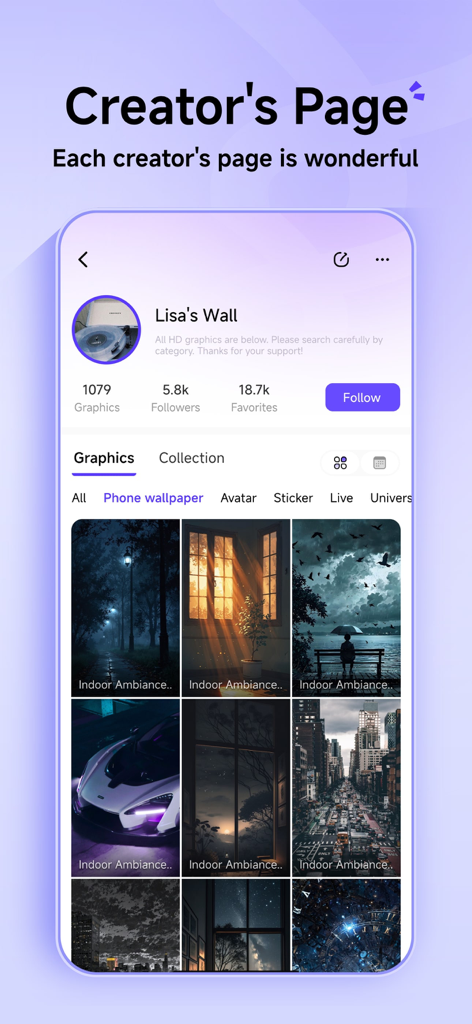 Screenshot of a creator profile page on the Gpic app showcasing a variety of high quality 8K aesthetic wallpapers.