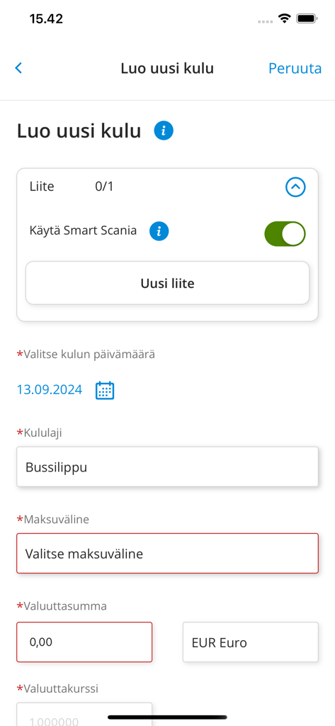 Interface of the Visma M2 app showing the create new expense form with fields for receipt attachments and expense details.