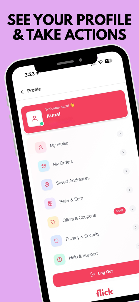 flick - Instant food delivery - L'écran de profil utilisateur de l'application de livraison de repas flick montrant les paramètres du compte et les options.