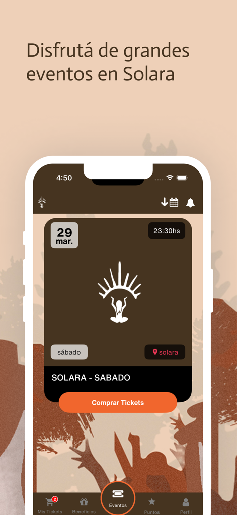 Solara - Solara mobile app screen for purchasing event tickets