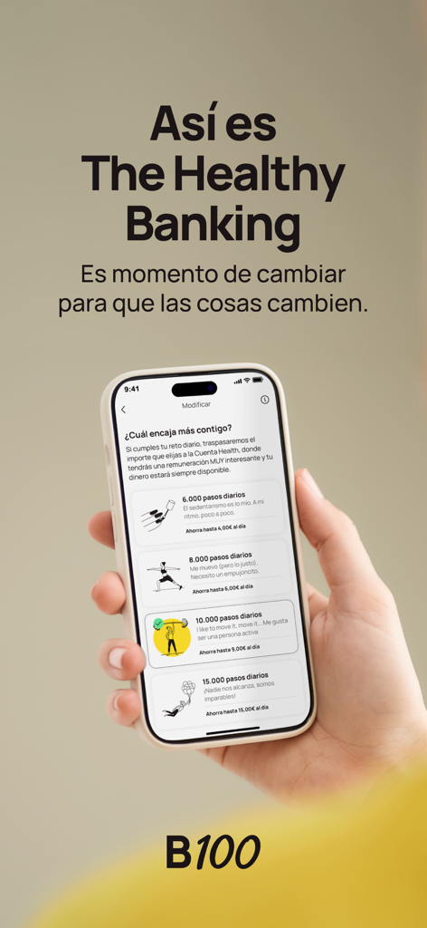 Interfaz de la aplicación B100 que muestra objetivos de pasos diarios para ganar recompensas financieras