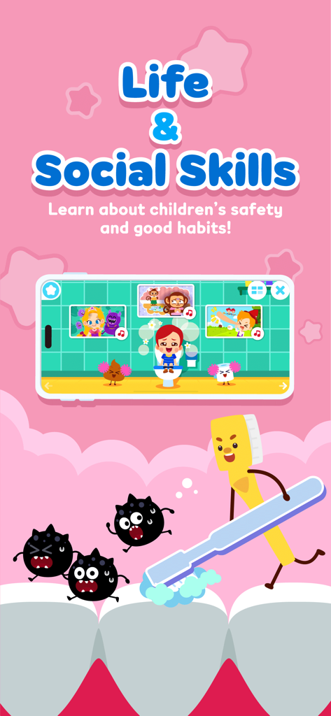 JunyTony - Learning & Games! - Interfaz de la aplicación JunyTony que muestra lecciones de habilidades para la vida y sociales, incluida la higiene y el cuidado dental para niños