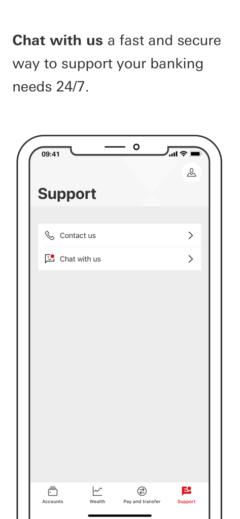 Support-Bildschirm der HSBC UAE Mobile App mit Chat- und Kontaktoptionen rund um die Uhr