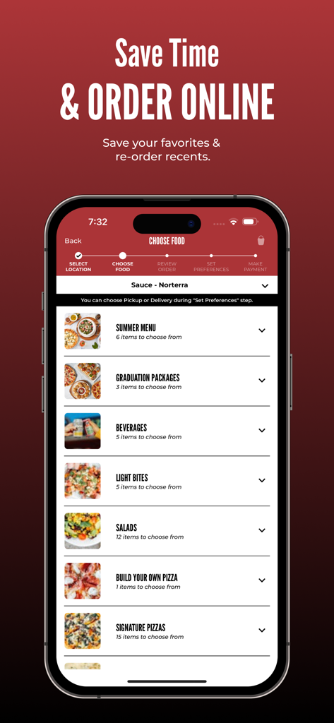 Pantalla del menú de la aplicación Sauce Pizza and Wine que muestra categorías como ensaladas, crea tu propia pizza y pizzas de autor.