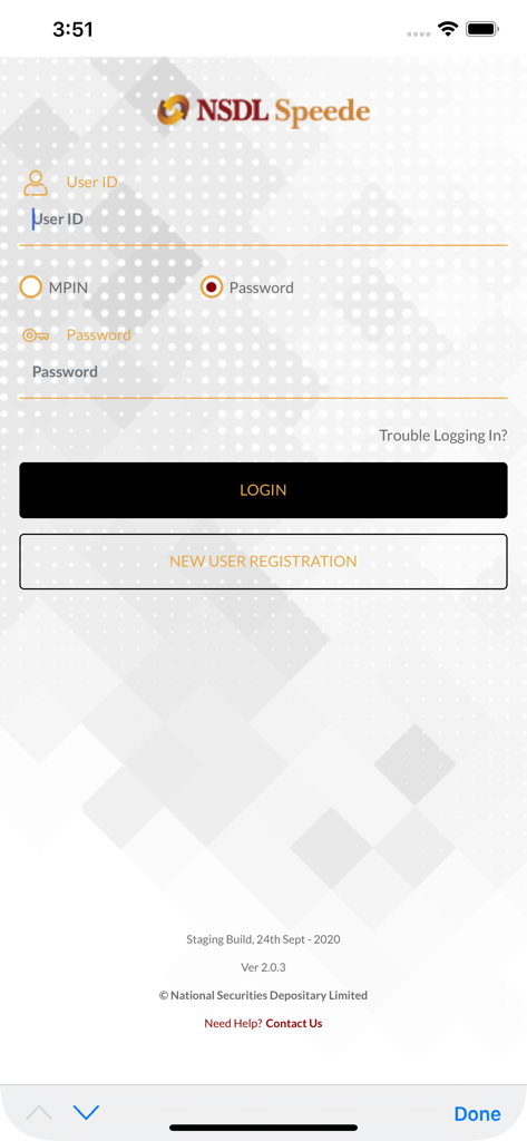 NSDL Speede App - Login screen of the NSDL Speede app with user ID and password fields