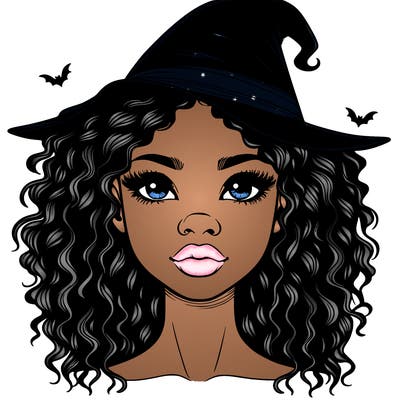realistic black girl with wavy hair and witch hat and nose and lips