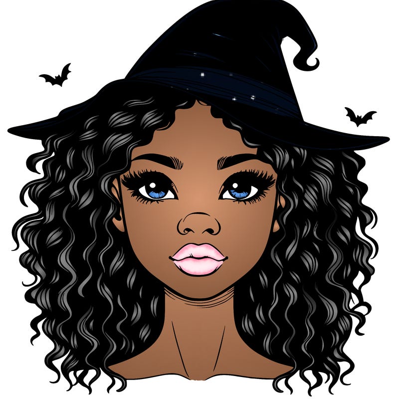 realistic black girl with wavy hair and witch hat and nose and lips