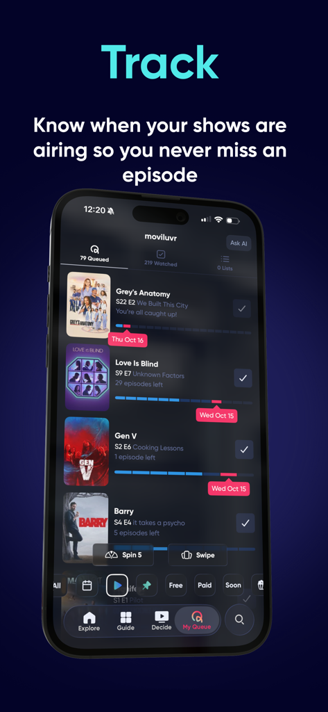 Queue - Find Movies & Shows - Mobile interface of Queue app showing progress bars and airing dates for tracked TV shows