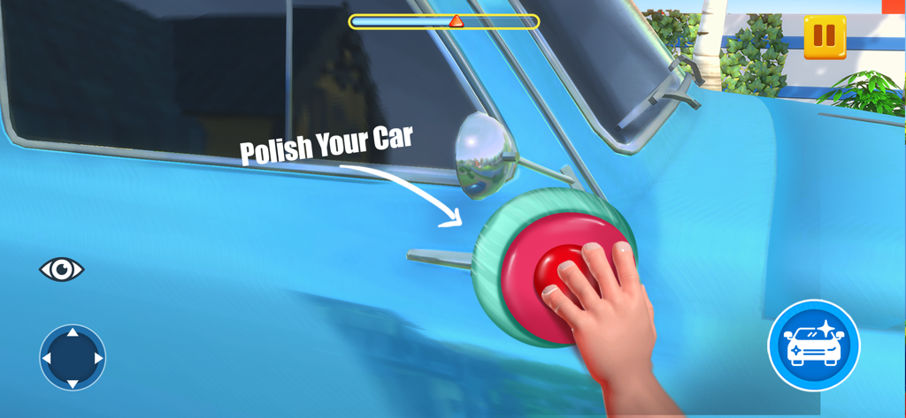 Car Washing Game: Car Clean 3D - Uma simulação 3D de uma mão polindo um carro azul com uma ferramenta redonda