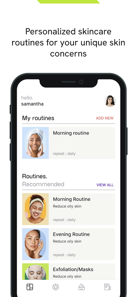 glowy AI - Skincare assistant - Pantalla de teléfono inteligente que muestra rutinas personalizadas de cuidado de la piel para la mañana y la noche para pieles grasas en la aplicación Glowy AI