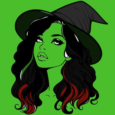 realistic witch girl with wavy hair and lips
