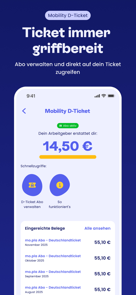 spendit | myBenefits - Oberfläche der spendit App, die Mobilitätsvorteile und die Verwaltung von Deutschlandticket-Abonnements anzeigt