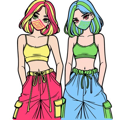 two girls with crop top with baggy pants