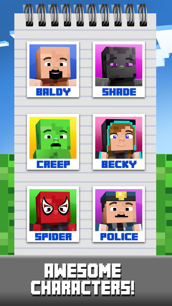 Block Doctor's Hospital Craft Salon - Pocket Mine Edition - Écran de sélection des personnages avec des avatars cubiques de style voxel, disposés comme dans un cahier.