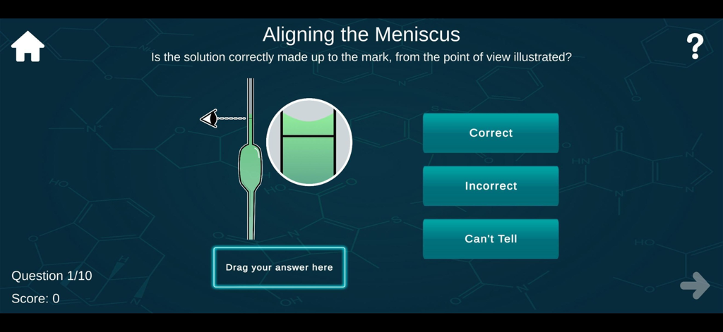 ChemiMeasure app interface showing an interactive quiz question on how to correctly align the meniscus in a pipette.