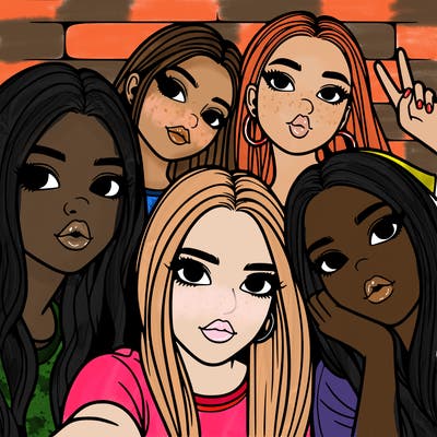 group of teen girls friends y2k up close in a selfie