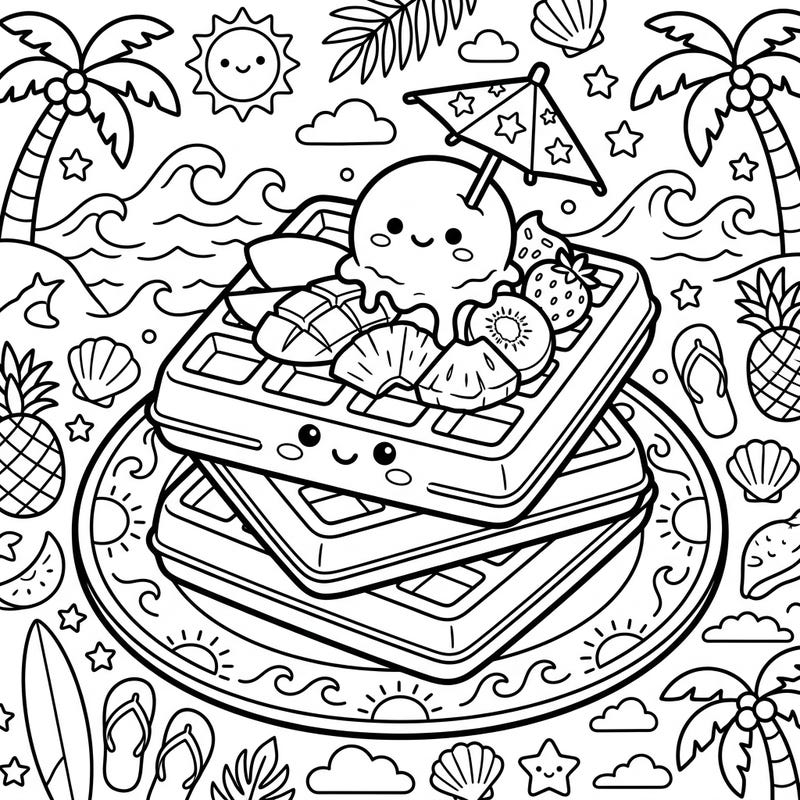 Get ready for a delightful summer treat with this enchanting kawaii waffle coloring page, bursting with adorable details. This charming design features stackable waffles, ice cream, and tropical fruits set against a playful beach background.