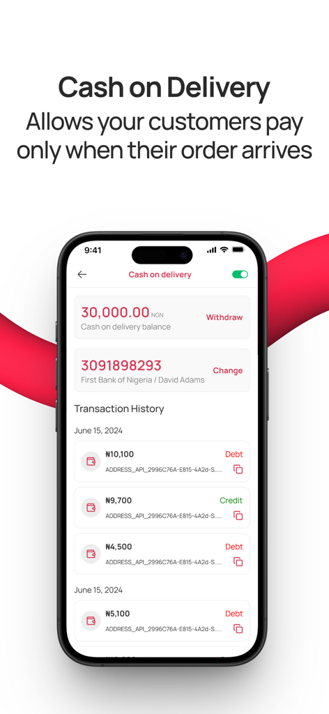 Shipbubble - Mobile app screen showing cash on delivery balance and transaction history for small business owners