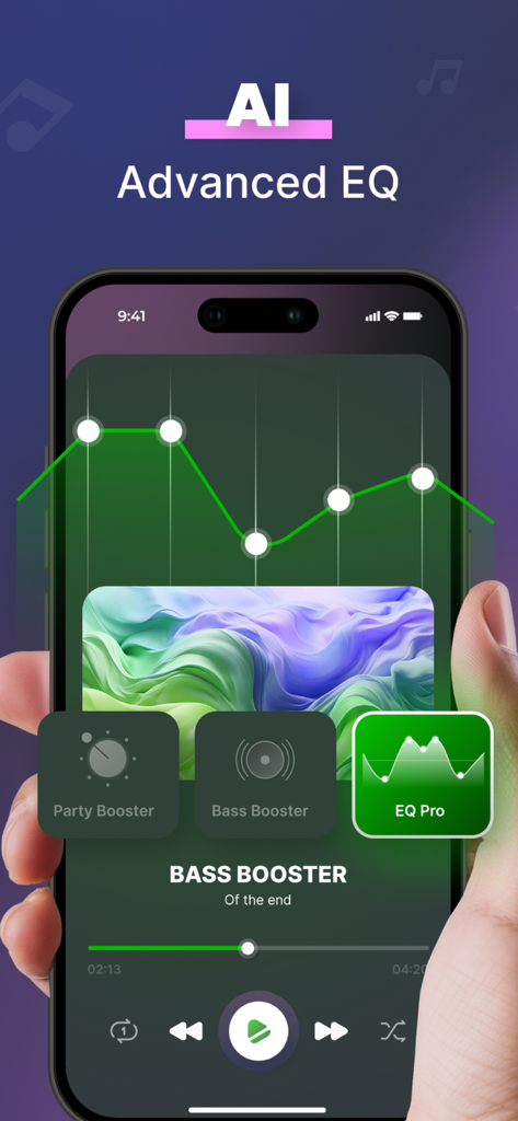 Sound, Bass Booster - Music EQ - AI advanced music equalizer and bass booster interface.