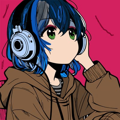 manga character that listen a music with headphone