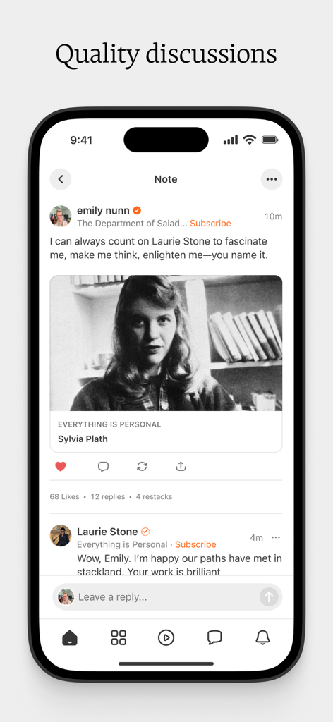 A mobile app screenshot of Substack showing a quality discussion note with comments from creators.
