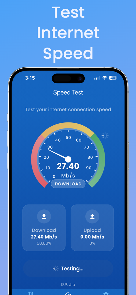 CellMapper - A screenshot of the CellMapper app interface performing an internet speed test with a speedometer gauge showing download results.