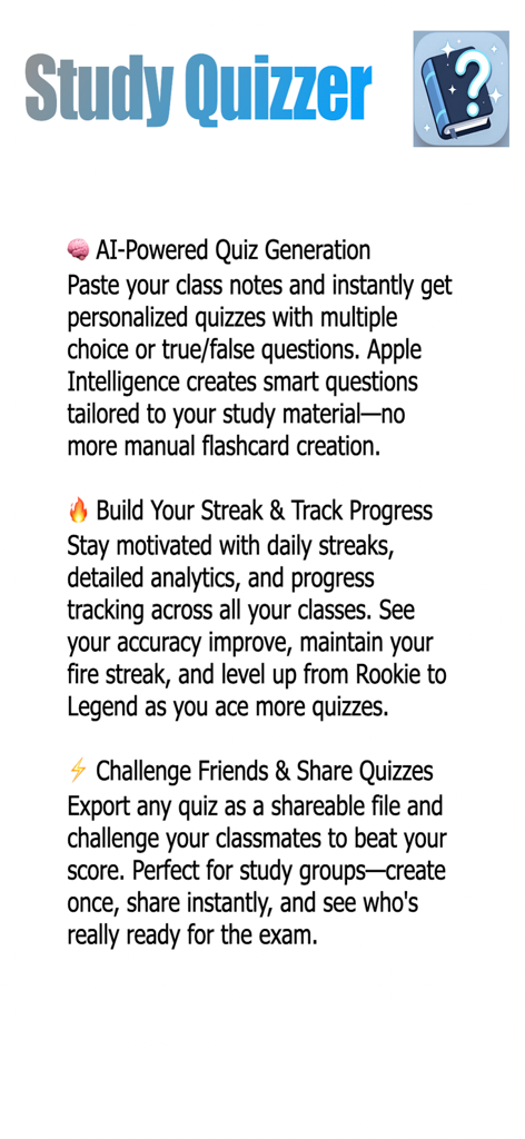 Study Quizzer - Overview of Study Quizzer app features highlighting AI-powered quiz generation, progress tracking streaks, and social sharing capabilities.