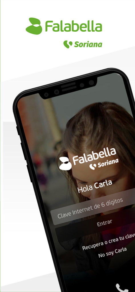 Tarjeta Falabella México - Pantalla de inicio de sesión de la app Tarjeta Falabella México con los logotipos de Falabella y Soriana