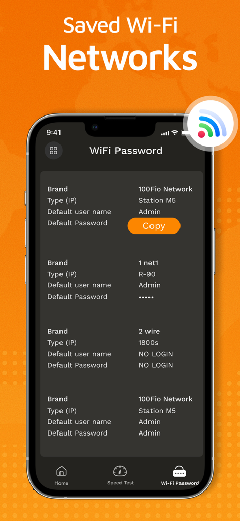 VPN: Secure Unlimited Proxy - Mobile app interface showing a list of saved Wi-Fi networks and default router passwords.