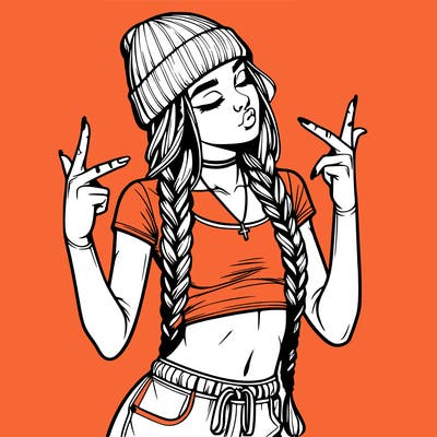 realistic teenage girl with braids and a beanie and crop top doing 🫶🏼