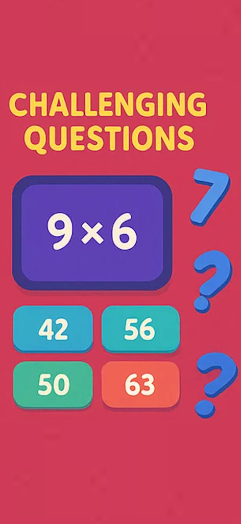 Times Tables - Test and Learn - Pantalla de cuestionario de multiplicación que muestra la pregunta 9 por 6 con opciones de respuesta múltiple
