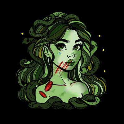 realistic girl with snakes as hair