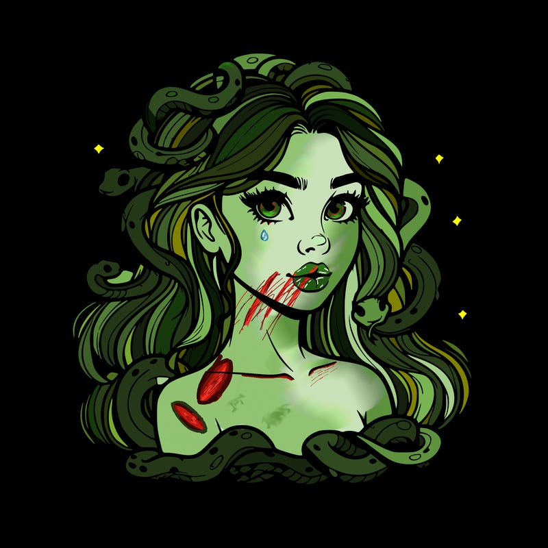 realistic girl with snakes as hair