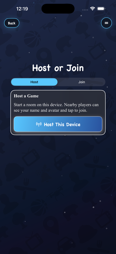 Host or Join multiplayer screen in the 2Q 20 Questions app