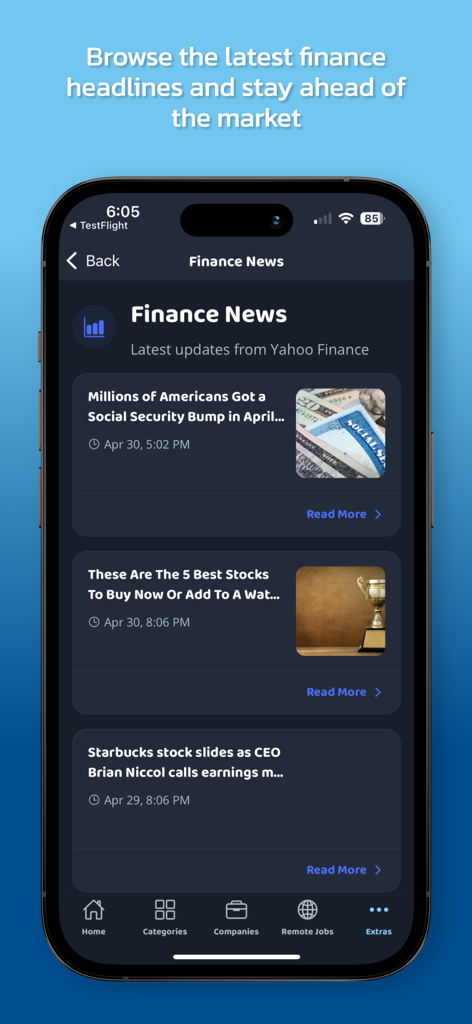 Feta - Make Money Online - A mobile app interface displaying the latest finance news and market headlines.